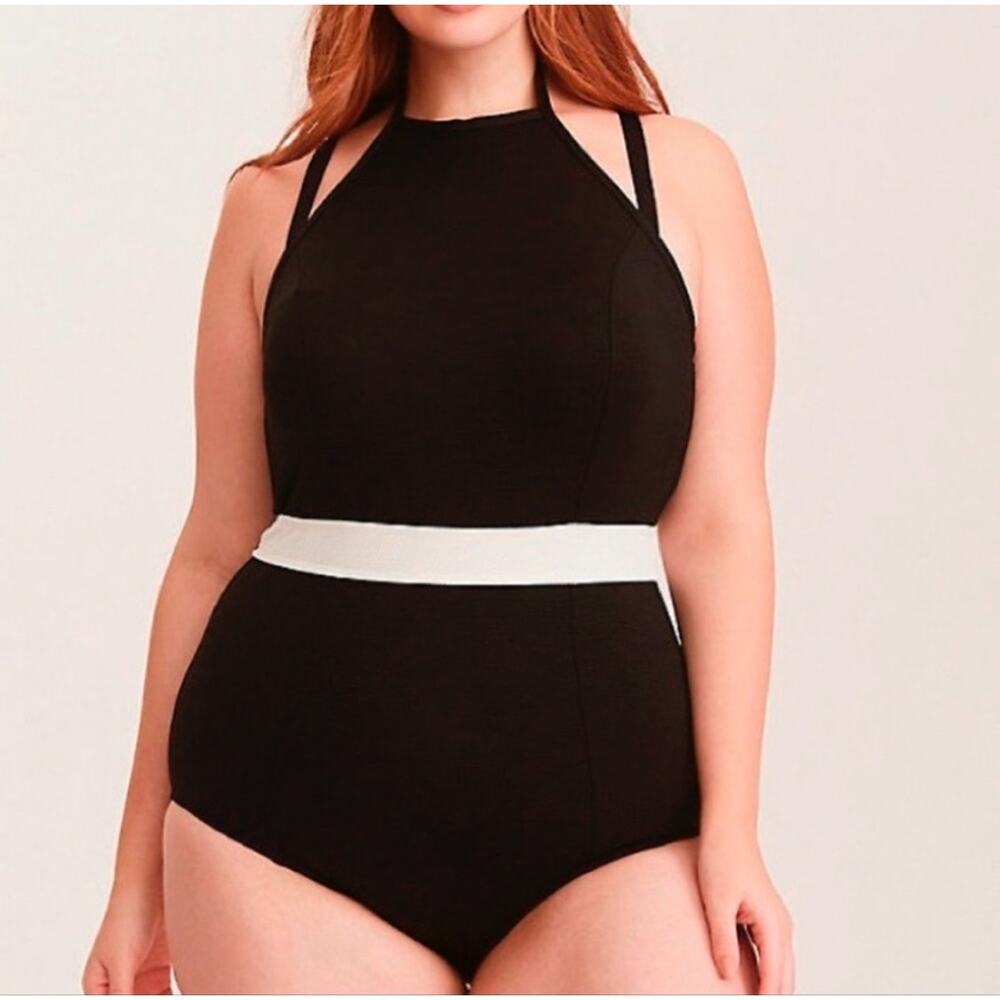 Torrid Vixen Textured Push Up Halter Black & White NWT One Piece Swimsuit 1X